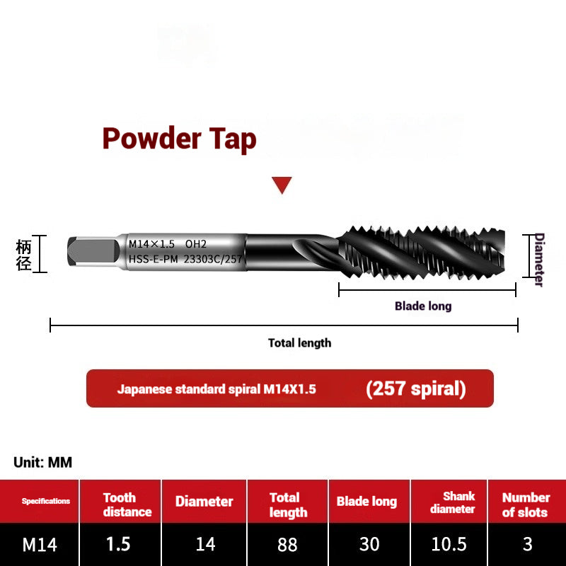 1101-OST High Speed Steel Powder Tap Japanese Standard Apex Screw Point Spiral Powder Metallurgy Tapping Coated Tap Shandong Denso Pricision Tools Co.,Ltd.